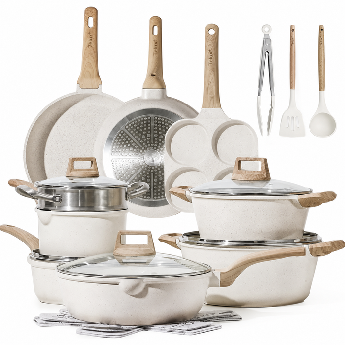 Set vase de gătit TELUX® Ivory Stone, 21 piese, aluminiu cu înveliș antiaderent efect granit, compatibil inducție și gaz, capace din sticlă, crem