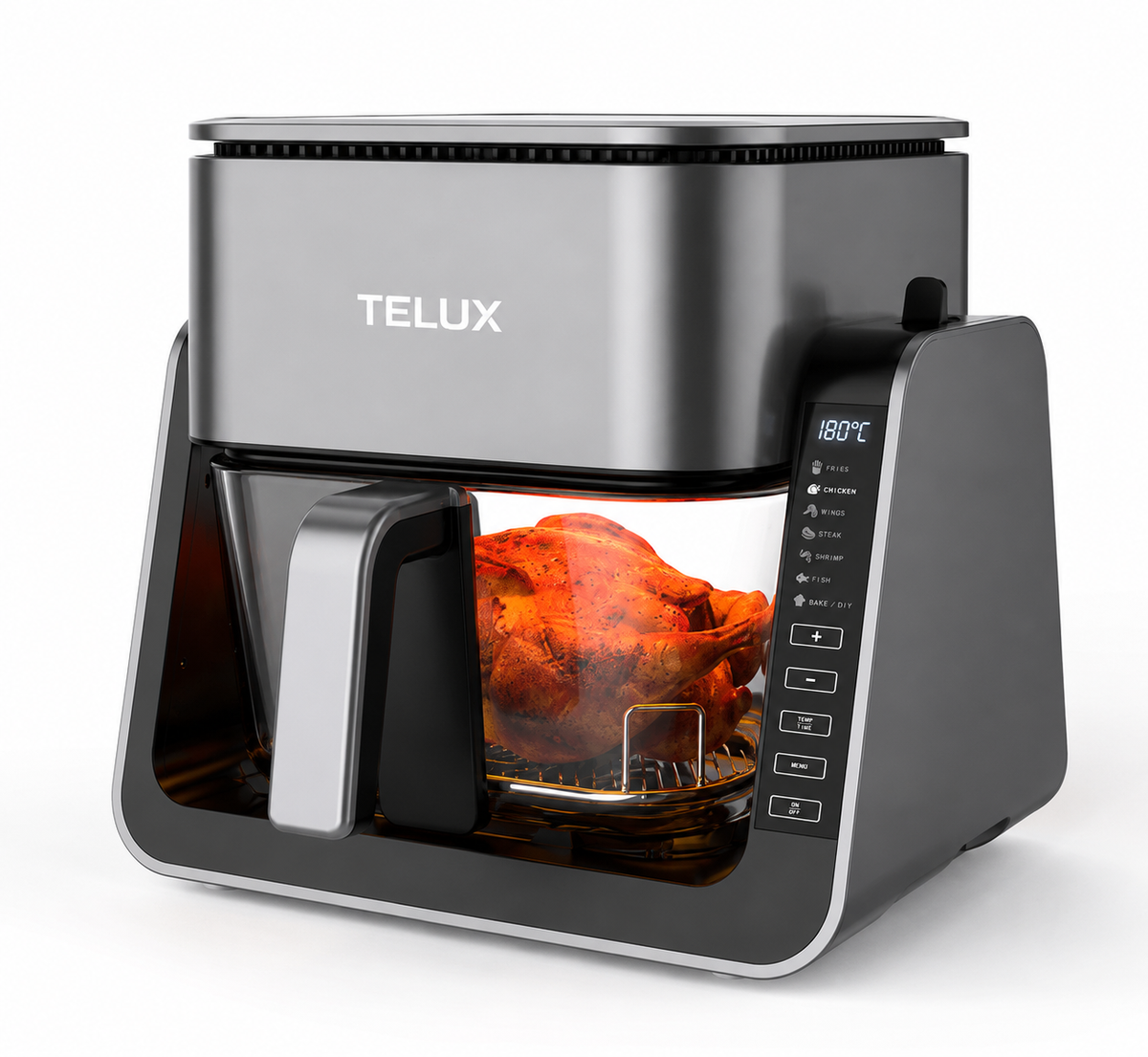 Air Fryer Premium TELUX 4L cu Coș din Sticlă, Funcție Grill, Capac 180° și Panou Digital
