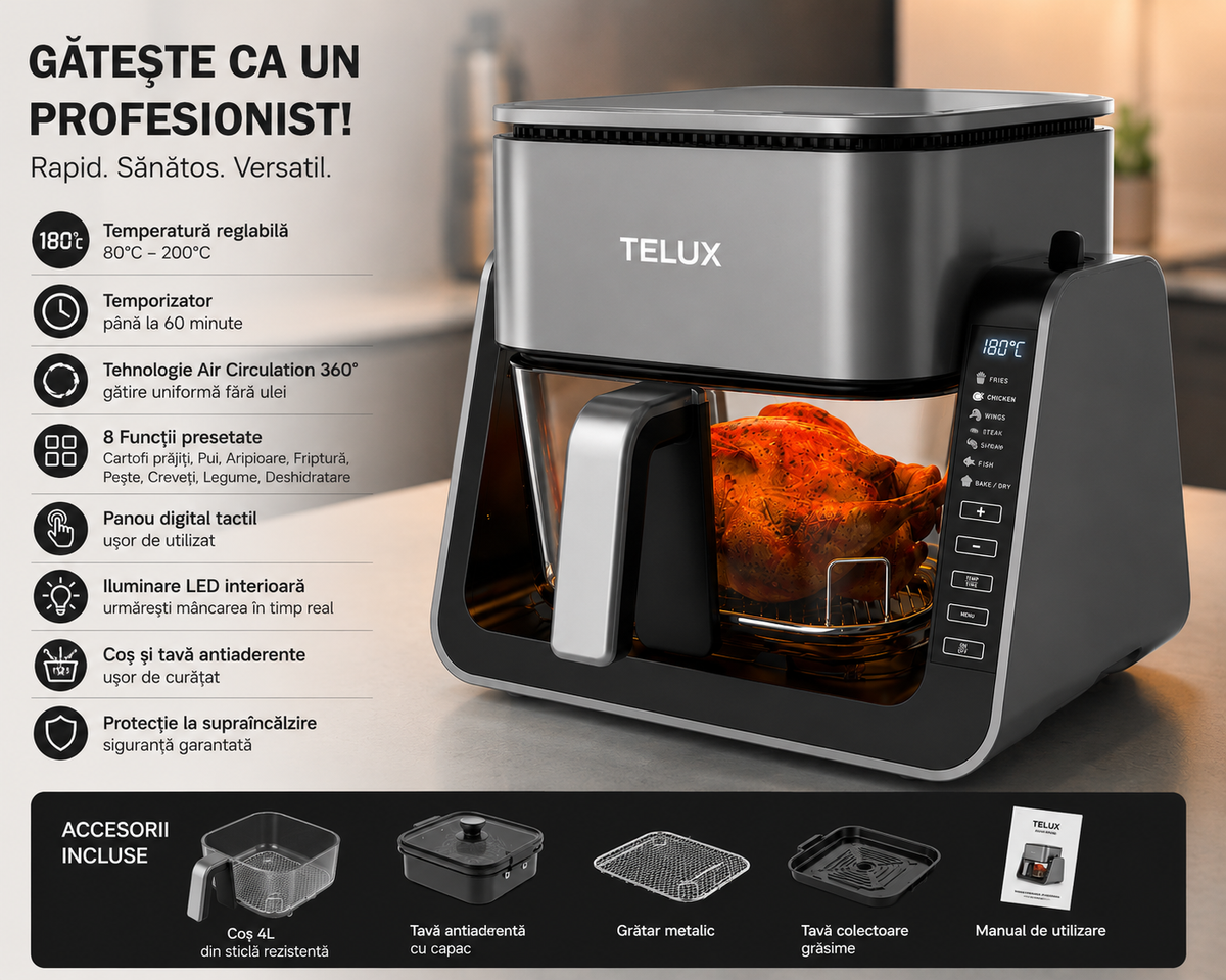 Air Fryer Premium TELUX 4L cu Coș din Sticlă, Funcție Grill, Capac 180° și Panou Digital
