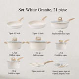 Set vase de gătit TELUX® Ivory Stone, 21 piese, aluminiu cu înveliș antiaderent efect granit, compatibil inducție și gaz, capace din sticlă, crem