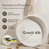 Set vase de gătit TELUX® Ivory Stone, 21 piese, aluminiu cu înveliș antiaderent efect granit, compatibil inducție și gaz, capace din sticlă, crem