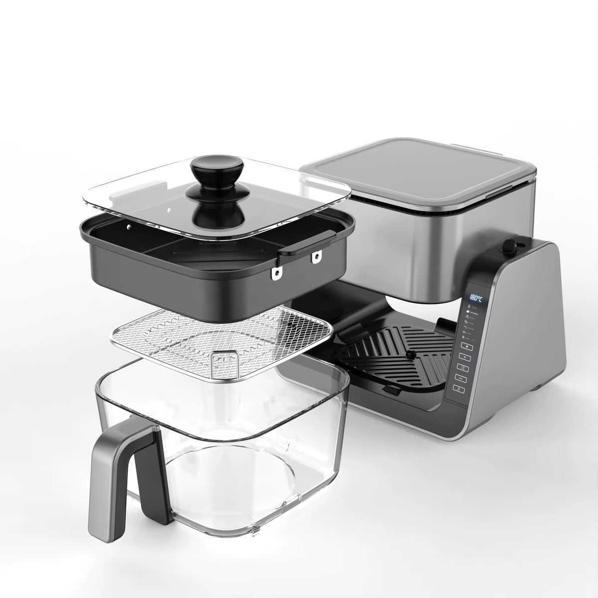 Air Fryer Premium TELUX 4L cu Coș din Sticlă, Funcție Grill, Capac 180° și Panou Digital