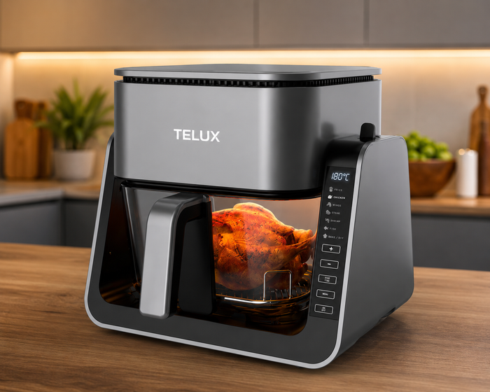Air Fryer Premium TELUX 4L cu Coș din Sticlă, Funcție Grill, Capac 180° și Panou Digital