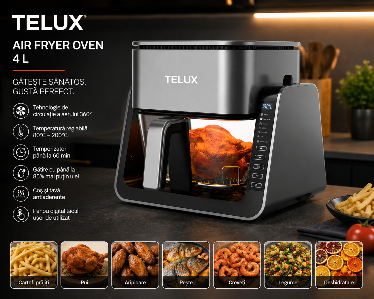 Air Fryer Premium TELUX 4L cu Coș din Sticlă, Funcție Grill, Capac 180° și Panou Digital